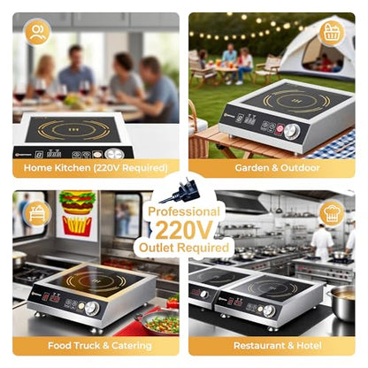 3500W Commercial Induction Cooktop, 220V Plug, Professional Heavy-Duty Portable Burner, 45s Fast Boil, 72H Continuous Use, Dual Fans, IPX4 Waterproof for Restaurants, Food Trucks, Catering