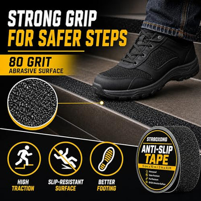 STRBOXONG Anti Slip Tape 2 in x 33 ft, Black 80 Grit Non Slip Grip Tape Roll, Waterproof Self Adhesive Traction Tape for Stairs Steps Ramps Ladders Workshop Walkways Industrial Safety Commercial Use - size: 2 in x 33 ft