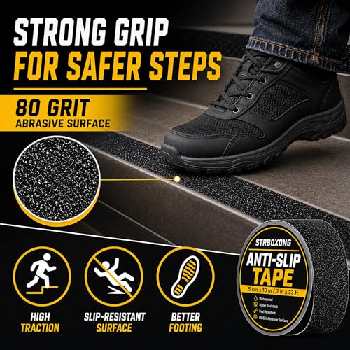 STRBOXONG Anti Slip Tape 2 in x 33 ft, Black 80 Grit Non Slip Grip Tape Roll, Waterproof Self Adhesive Traction Tape for Stairs Steps Ramps Ladders Workshop Walkways Industrial Safety Commercial Use - size: 2 in x 33 ft