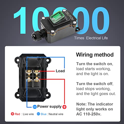 Waterproof On Off Toggle Switch with Green Light Rocker Button Inline Cord Switch DPST AC/DC 20A-125V,16A-250V,30A-24V,35A-12V, IP66 - color: Green/1 Switch/1 Outlet