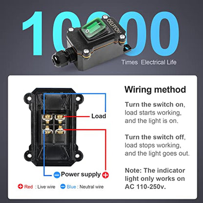 Waterproof On Off Toggle Switch with Green Light Rocker Button Inline Cord Switch DPST AC/DC 20A-125V,16A-250V,30A-24V,35A-12V, IP66 - color: Green/1 Switch/1 Outlet
