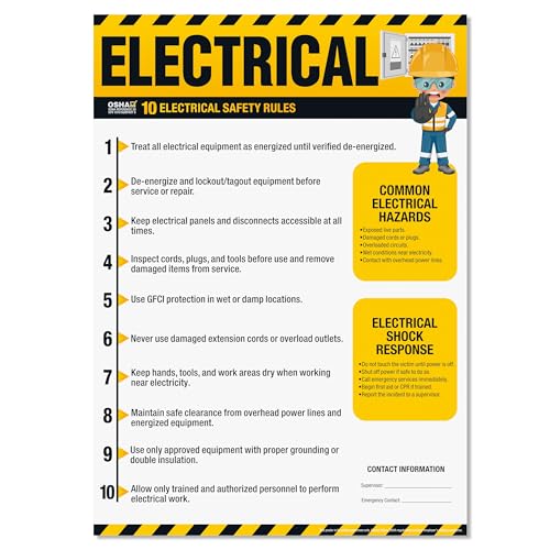 Electrical Safety Poster – OSHA Electrical Safety Rules Chart, 10 Workplace Guidelines, Shock Response, Hazard Awareness & Electrical Safety Training Sign - size: Electrical