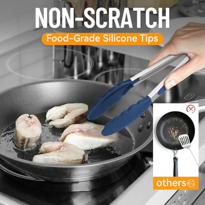 HOTEC Stainless Steel Kitchen Tongs with Silicone Tips, Set of 2-7" and 9" - color: Classic Blue:9+7inch