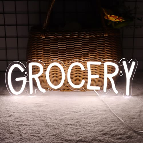 Grocery Neon Signs for Wall Decor Neon Lights for Bedroom Led Business Signs Suitable for Variety Store Groceries Christmas Birthday Party 5V Power Adapter, 16.2 * 4.9 Inch(White) - color: Grocery