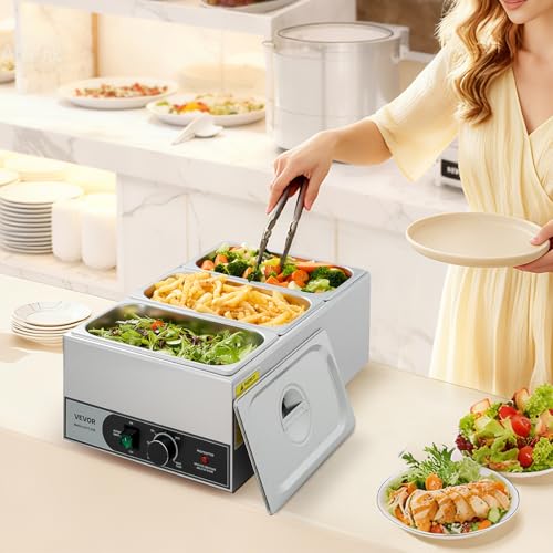 VEVOR Commercial Food Warmer, 1200W Electric Stainless Steel Steam Food Warmer, Fast Heating Countertop Buffet Bain Marie with Three 1/3 Size Food Pans, for Catering, Restaurants, Parties & Buffets - size: 21.85 x 13.39 x 7.87 in