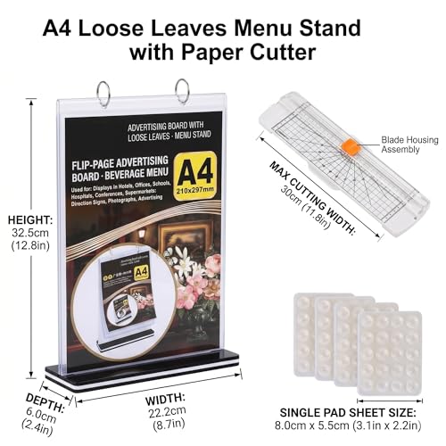 2Pcs Table Flip Menu Holder with 6 Pages Sleeve, 8.5" X 11" Tabletop Sign Signage Vertical Display Stand with Base, Suction Cups, Paper Cutter, Rotating Binders Rack, for Photo, Bar, Job Fair