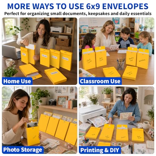 70 Pack 6x9 In Expanding Manila Envelopes with Reusable Clasp and Gummed Seal 180 GSM Heavyweight 1.2'' Expansion Small Yellow Envelope Folders for Home Office Business Mailing Storage Organizing - size: 70pcs-6x9in