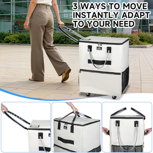 Reusable Grocery Bag on Wheels, Foldable Rolling Tote Bag with 6 Pockets - color: Beige, size: Small
