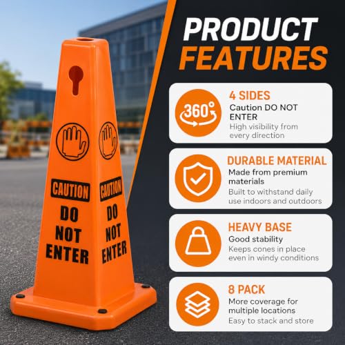 BESEA 4Pack Red Cones Caution DO NOT Enter Sign 4-Sided Heavy Duty Traffic Cones with Weighted Base for Restricted Areas, Construction Zones, Private Property - color: Red, size: 26.5INCH With Caution Sign