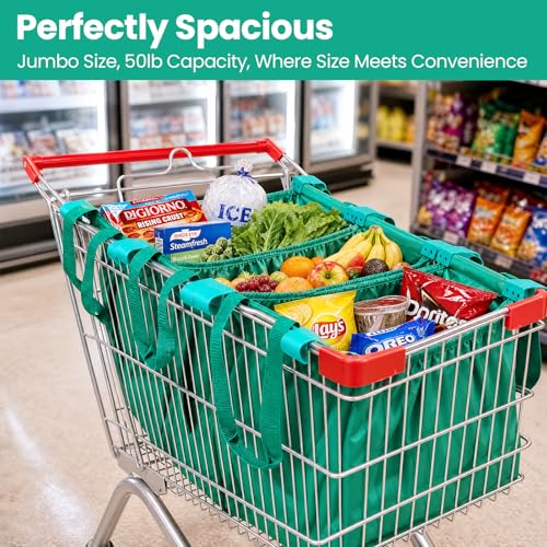 Handy Sandy Cart Caddy – 3-Pack Reusable Shopping Bags with Cart Clips | Heavy-Duty Grocery Organizer Tote Set | Eco-Friendly, Foldable, 40 lb Capacity | Green - color: Bright Green