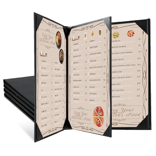 Restaurant Menu Covers Holders 8.5 X 11, 5 Pack Synthetic Leather Menu Holder Covers Book Style with Angled Corners Black for Wine List, Certificate Organizer Diploma Holder (3 Page 4 View) - size: 3 Page 4 View