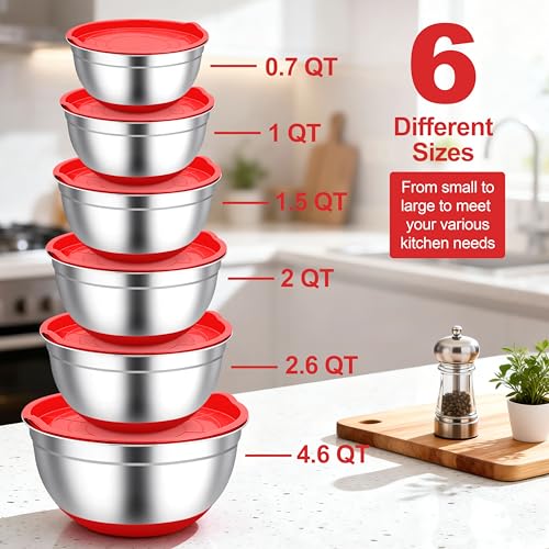TeamFar Mixing Bowls, Stainless Steel Salad Bowls with Lids - Red - color: Red