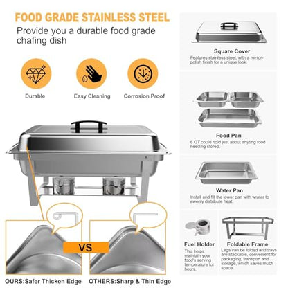 Festa Essential 3 Pack 8QT Rectangular Chafing Dish Buffet Set Stainless Steel Catering Chafers Food Warmer with Full,Half Food Pan,Fuel Holder,Foldable Frame For Weddings/Parties/Banquets Events - size: 1/1 pan*3, 1/2 pan*6