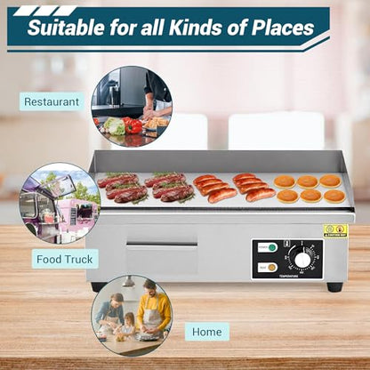 21" Commercial Electric Griddle, 1600W Commercial Electric Countertop Griddle Flat Top Grill Hot Plate BBQ, Electric Flat Top Grill With Shovel Brush, Restaurant Teppanyaki Grill Cooking Equipment