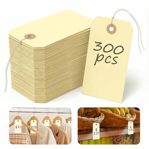 300PCS Tags with Wire, 4 3/4" x 2 3/8" Blank Shipping Tags Price Wire Tags Write On, Equipment Shipping Labels Manila Hang Tabs with String for Inventory Repair Luggage Garage Clothes Parts Machines