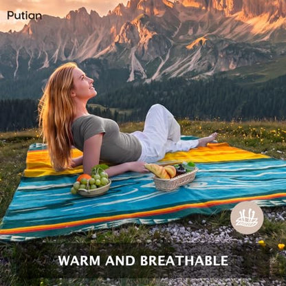 PuTian 100% Wool Blanket - Camping Outdoor Blanket, Mountain Sunrise Green - color: Mountain Sunrise Pattern Green, size: 63" × 87"
