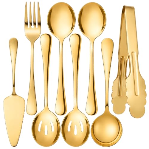 8-Piece Gold Serving Utensils Set, Serving Spoons for Buffet - color: Gold