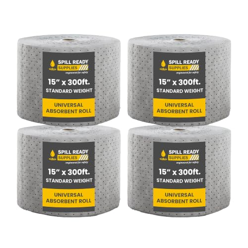 (4 Rolls) Universal Absorbent Pad Roll 15" x 300' - Absorbs Up to 40 gal. per roll, Perforated Industrial Sorbent Mat Roll 2MM for Oil, Coolant & Water - Gray Absorbent Pad for Warehouses - color: 15" x 300' Standard Roll, size: 4