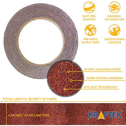 Kraftex Grip Tape [4" x 30ft, Brown] Anti Slip Tape for Stair Runners, Wooden Steps, Stair Nosing, Indoor Stairs, Outdoor Stair Treads, Skateboard