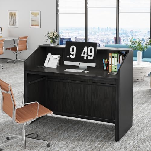 Tribesigns Reception Desk with Counter, Modern Front Desk Reception Room Table with Cable Grommet, 47 inch Retail Counter for Checkout, Lobby, Beauty Salon, Home Office Desk, Black - color: Black