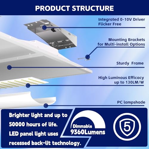 2Pack 2x4 LED Troffer Light, 72/60/50/40/30W,Up to 9360 Lumens,5CCT Color Tunable 3000K-6500K, 0-10V Dimmable Drop Ceiling Lights, 120-277V-ETL Qualified - size: 2pack, style: 2x4