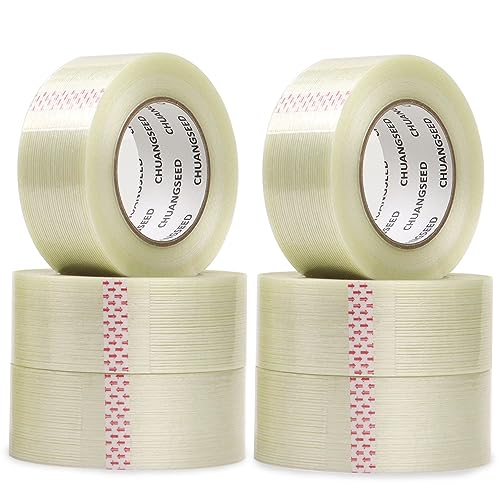 CHUANGSEED 6-Pack Mono Filament Strapping Tape 6.2mil x 2Inch x 60yds Commodity Grade Heavy Duty Transparent Reinforced Fiberglass Tape - size: Mono 2" x 60y 6-Pack