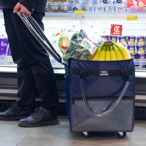 Small DK Blue Reusable Grocery Bag on Wheels, Folding Rolling Tote - color: Dk Blue, size: Small