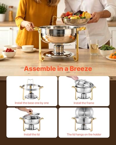 VEVOR Chafing Dish Buffet Set, 5 Qt 4 Pack, Stainless Steel Chafer with 4 Full Size Pans, Round Catering Warmer Server with Lid Water Pan Folding Stand Clip, for Weddings Parties Banquets, Gold - size: 4packs Gold