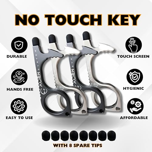 No Touch Door Opener Keychain 4 Pack - Larger Hook, Stylus & Bottle Opener - color: Silver Pearl + Gun Grey