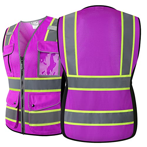 Reflective Safety Vest for Women Mesh High Visibility Vest with 8 Pockets and Front Zipper High Vis Vest Work Vests (Purple-16, Medium) - color: Purple, size: Medium