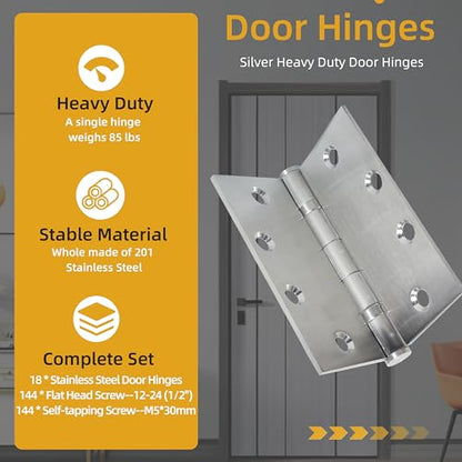 4.5 inch X 4.5 inch Heavy Duty Commercial Door Hinge - color: Silver, size: 4.5in X 4.5in