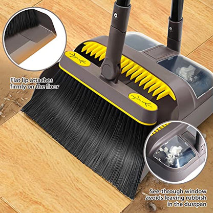 JEHONN Broom with Dustpan Combo Set, Long Handle Lightweight 180 Degree Rotating Sweeping Brush Indoor, Upright Standing Dust Pan with Comb Teeth for Home Room Kitchen Office Lobby (Brown Yellow) - color: Brown Yellow