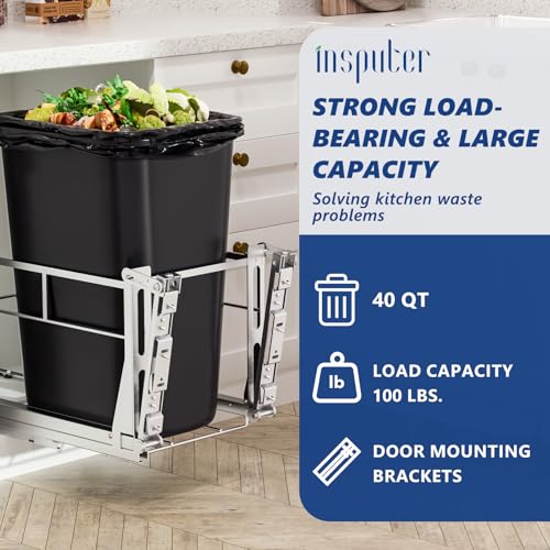 Insputer 10 Gal Pull Out Trash Can Under Cabinet with Tiltable 10° - color: Silver, size: Single-10Gal