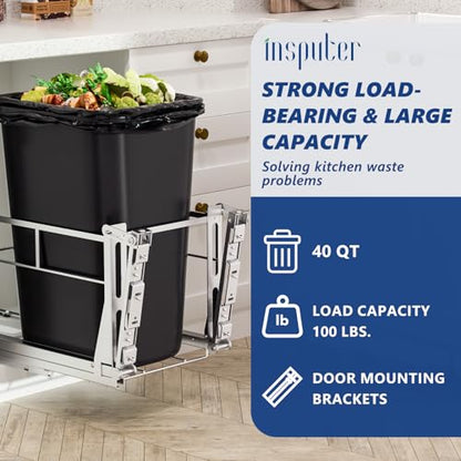 Insputer 10 Gal Pull Out Trash Can Under Cabinet with Tiltable 10° - color: Silver, size: Single-10Gal
