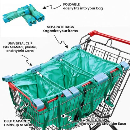 Handy Sandy Cart Caddy – 3-Pack Reusable Shopping Bags with Cart Clips | Heavy-Duty Grocery Organizer Tote Set | Eco-Friendly, Foldable, 40 lb Capacity | Green - color: Bright Green