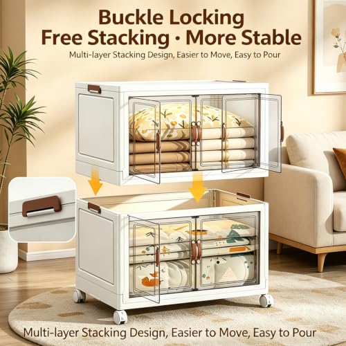 285.3QT Foldable Stackable Storage Bins with Magnetic Doors & Lockable Wheels, 4 Pack Large Plastic Closet Organizer, Tool-Free Storage Box for Bedroom Kitchen Bathroom Dorm Office Garage - size: 4PACK-23.62"W14.02"D53.54"H
