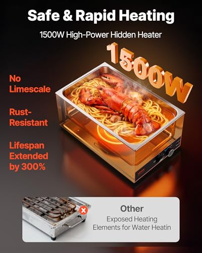 VEVOR Commercial Food Warmer, 1500W Electric Stainless Steel Steam Food Warmer, Fast Heating Countertop Buffet Bain Marie with Power Cord & Divider Strip, for Catering, Restaurants, Parties, Buffets - size: 22.05 x 13.39 x 9.65 in