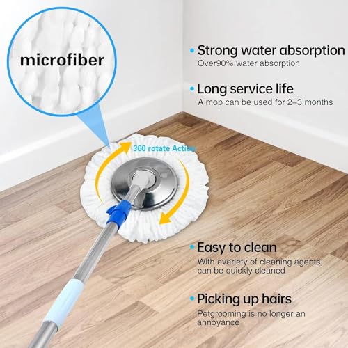 Spin Mop and Bucket with Wringer Set, 360° Spin Mop & Bucket Floor Cleaning System Mop Bucket with 61" Adjustable Extended Handle 3 Replacement Microfiber Refills, Set of 2 - color: Blue-2