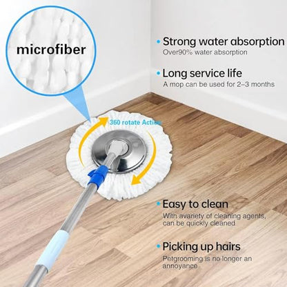 Spin Mop and Bucket with Wringer Set, 360° Spin Mop & Bucket Floor Cleaning System Mop Bucket with 61" Adjustable Extended Handle 3 Replacement Microfiber Refills, Set of 2 - color: Blue-2