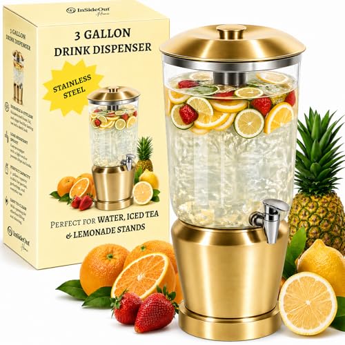 Drink Dispenser with Ice Chambers, Lemonade Tea Water Dispenser with Spigot, Stainless Steel Beverage Jar Jug, Perfect for Home Parties, Weddings, Gifts & Events (Gold, 3, Gallons) - color: Gold