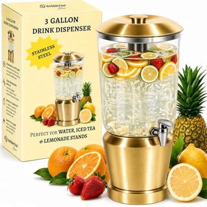 Drink Dispenser with Ice Chambers, Lemonade Tea Water Dispenser with Spigot, Stainless Steel Beverage Jar Jug, Perfect for Home Parties, Weddings, Gifts & Events (Gold, 3, Gallons) - color: Gold