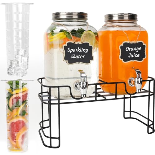 2 Pack 1 Gallon Glass Drink Dispensers with Stand, Ice Core, Spigot - size: 2 Pack 1 Gallon with Aluminum lid