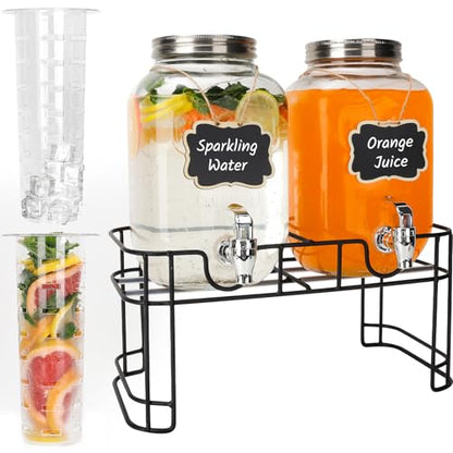 2 Pack 1 Gallon Glass Drink Dispensers with Stand, Ice Core, Spigot - size: 2 Pack 1 Gallon with Aluminum lid