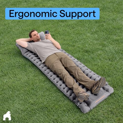 GORILLA GRIP Slip-Resistant Inflatable Sleeping Pad with Grip Dots, Foot Pump, Puncture Resistant Lightweight Camping Mattress, Air Mats Travel Backpacking, Inflating Bed Camp Sleep Pads Tent, Gray - color: Gray