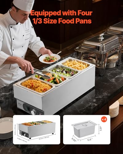 VEVOR Commercial Food Warmer, 1500W Electric Stainless Steel Steam Food Warmer, Fast Heating Countertop Buffet Bain Marie with Four 1/3 Size Food Pans, for Catering, Restaurants, Parties & Buffets - size: 29.13 x 13.98 x 10.63 in