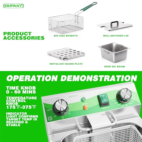 NUPANT 20L/21.2QT Commercial Deep Fryer with Timer Dual Tank Electric Countertop Fryer with Double Baskets and Lids, Temp Control, 3400W/110V Stainless Steel Large Deep Fryer for Restaurant Kitchen - size: 20L