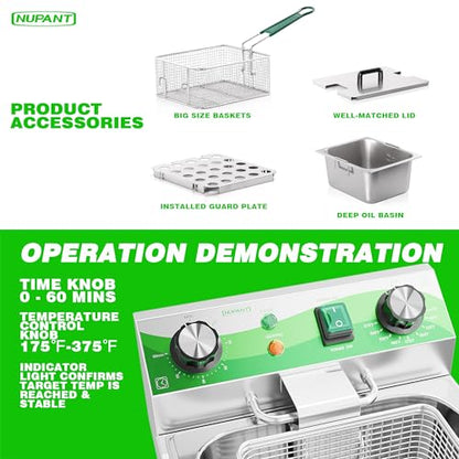NUPANT Electric Deep Fryer with Timer 10L/10.6QT Commercial Deep Fryer with Basket and Lid, Temp Control, 1700W/110V Stainless Steel Single Oil Fryer Countertop Fryer for Home and Restaurant Use - size: 10L