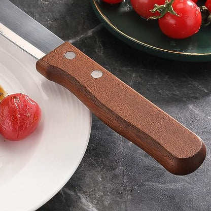 New Star Foodservice 10 Inch Steak Knife Set of 12, Jumbo Serrated Stainless Steel Knives with 5 Inch Rounded Blades and Wood Handles
