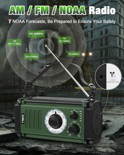 10000mAh/37000mWh Emergency Radio, Solar Radio, Hand Crank Radio, NOAA AM FM Weather Radio, 4 Charging Methods, Polymer Battery, Flashlight & Reading Lamp, SOS Alarm, Phone Charger for Emergency