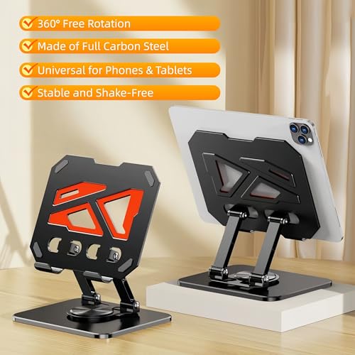 360° Rotatable & Adjustable Metal Tablet Stand for Desk, Foldable & Portable Tablet Holder, Compatible with iPad Pro/Air, iPhone, Universal Use for Office/Movie/Studying/Drawing/Gaming, Black - color: Two-Tone Stand - Black